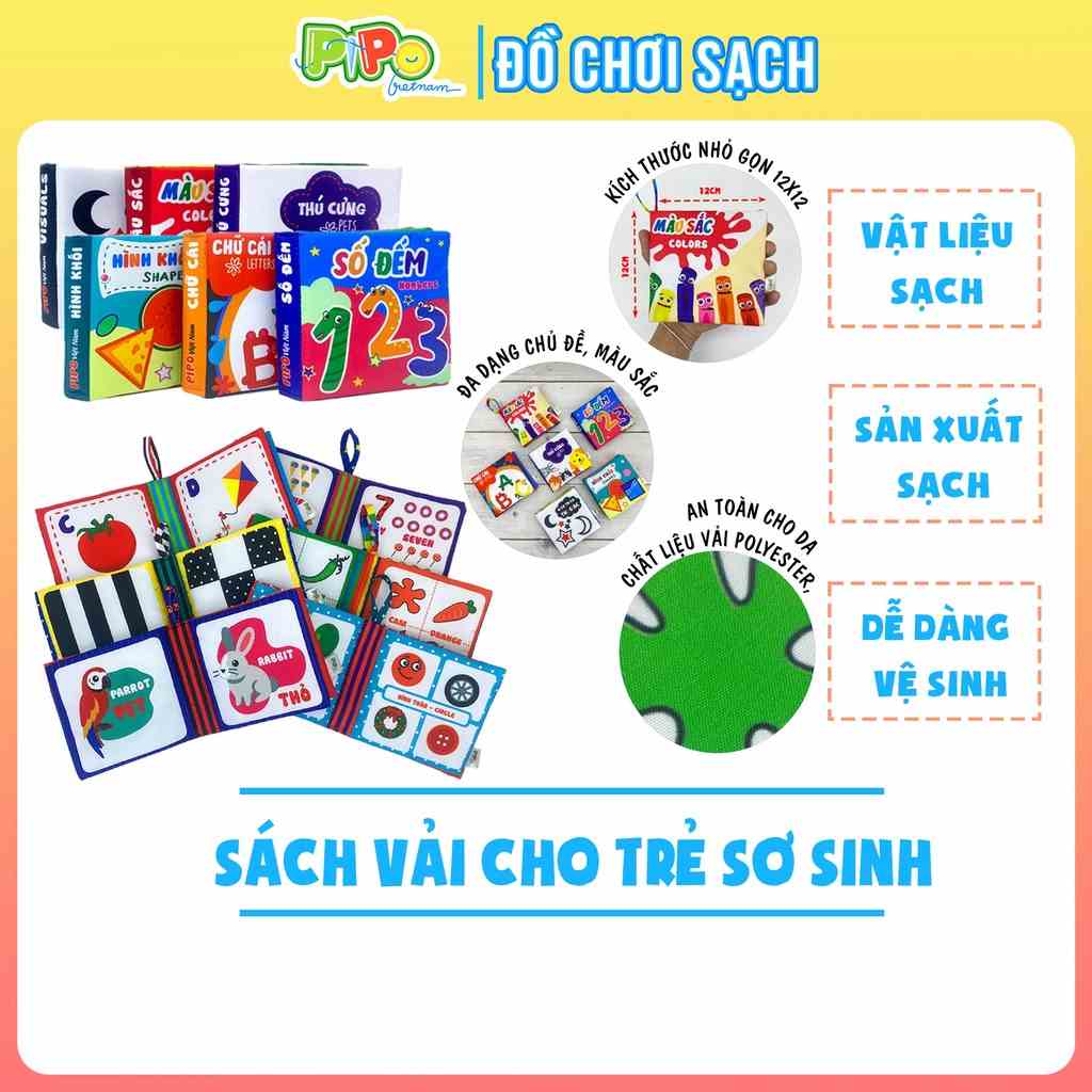 Bộ 6 sách vải song ngữ Anh-Việt PiPoVietnam cho bé phát triển trí tuệ sớm và các giác quan, luyện khả năng cầm nắm