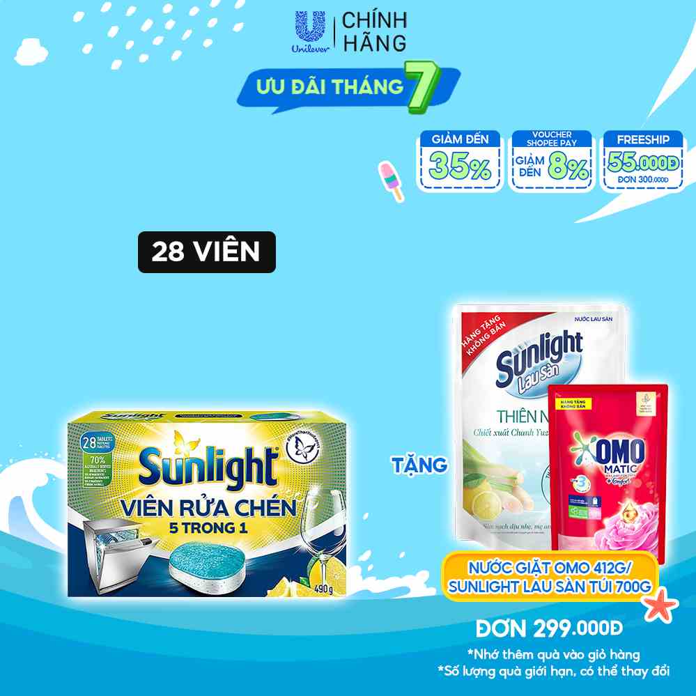 Hộp Viên Rửa Chén Bát Sunlight 5 in 1 Dành Cho Máy Rửa Chén (28 Viên/Hộp)