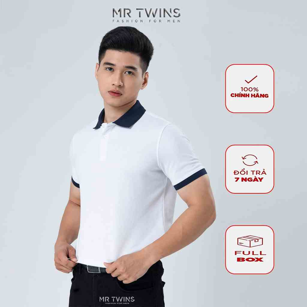 Áo Polo Nam Cổ Bẻ Màu Trắng Phối Bo Xanh Đen Vải Cotton Cá Xấu Thương Hiệu MrTwins®