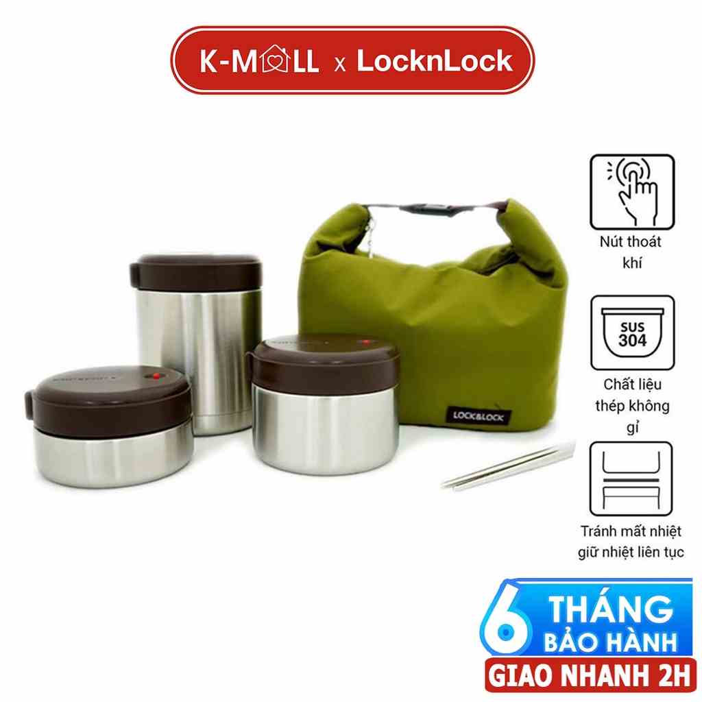 Bộ 3 hộp cơm giữ nhiệt LocknLock mushroom có kèm túi và đôi đũa inox LHC8025SLV LHC8025 - K-MALL