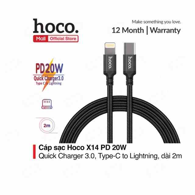 Cáp sạc Hoco X14 PD20W Type-C dành cho IP10/11/12/13/14promax dây bọc dù chống đứt, gãy gập, dài 1m/2m