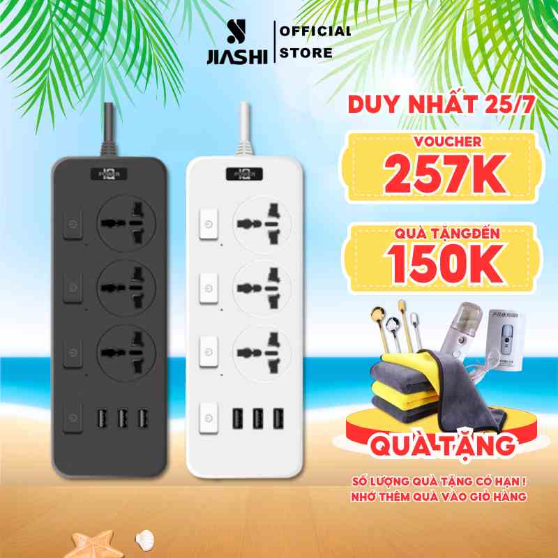 Ổ Cắm Điện Đa Năng Thông Minh Jiashi 3 Cổng USB Sạc Nhanh 5V-2.1A Công Suất 2500W Nhựa PP Chống Cháy Dây Nối 1,8M OCD04