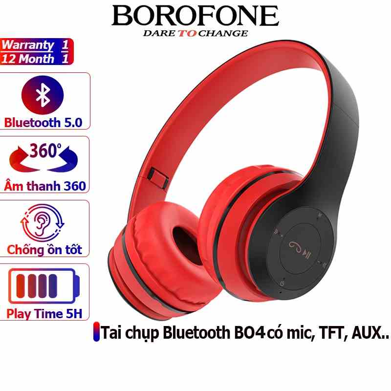 Tai nghe chụp tai không dây BOROFONE BO4 chống ồn, nghe nhạc 5 tiếng, hỗ trợ khe thẻ nhớ và bluetooth 5.0 - Chính hãng