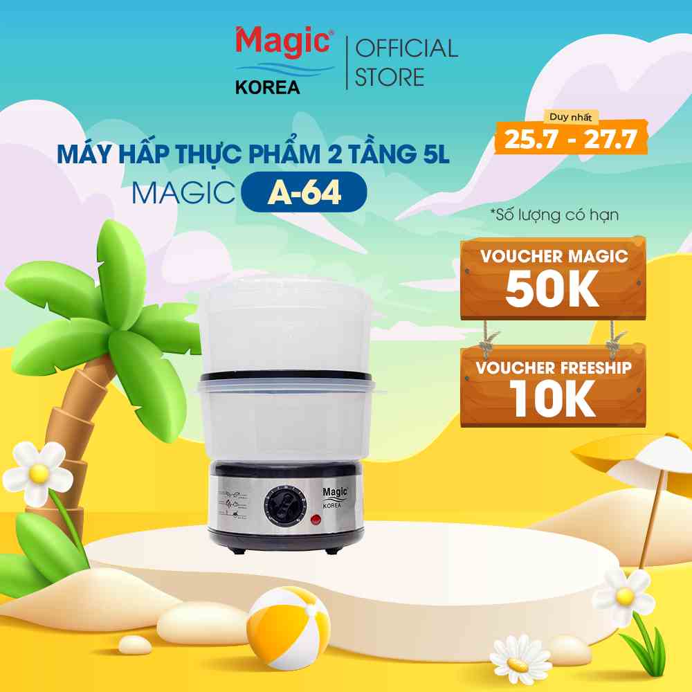 Máy hấp thực phẩm đa năng 2 tầng Magic Korea A-64, dung tích 5L hấp cùng lúc 2 con gà 1.1kg, bảo hành chính hãng