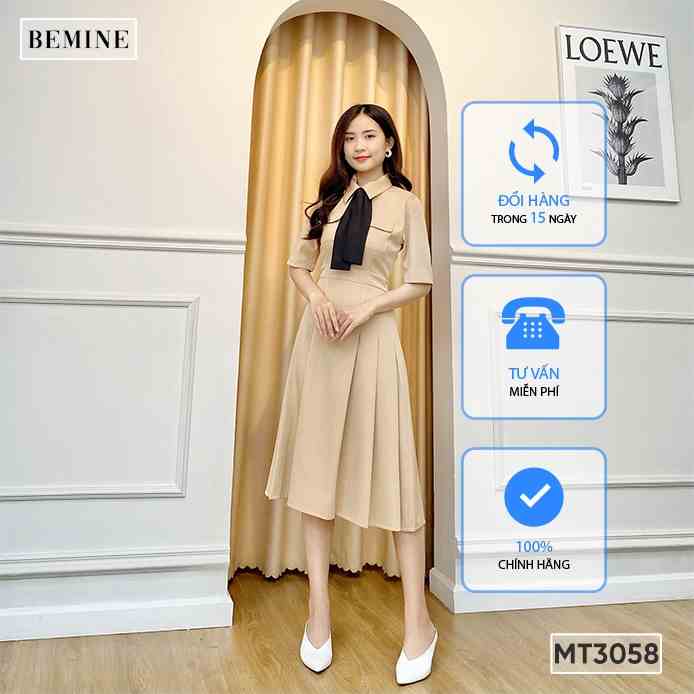 Đầm cổ sơ mi xếp ly tùng có nơ BEMINE MT3058DA