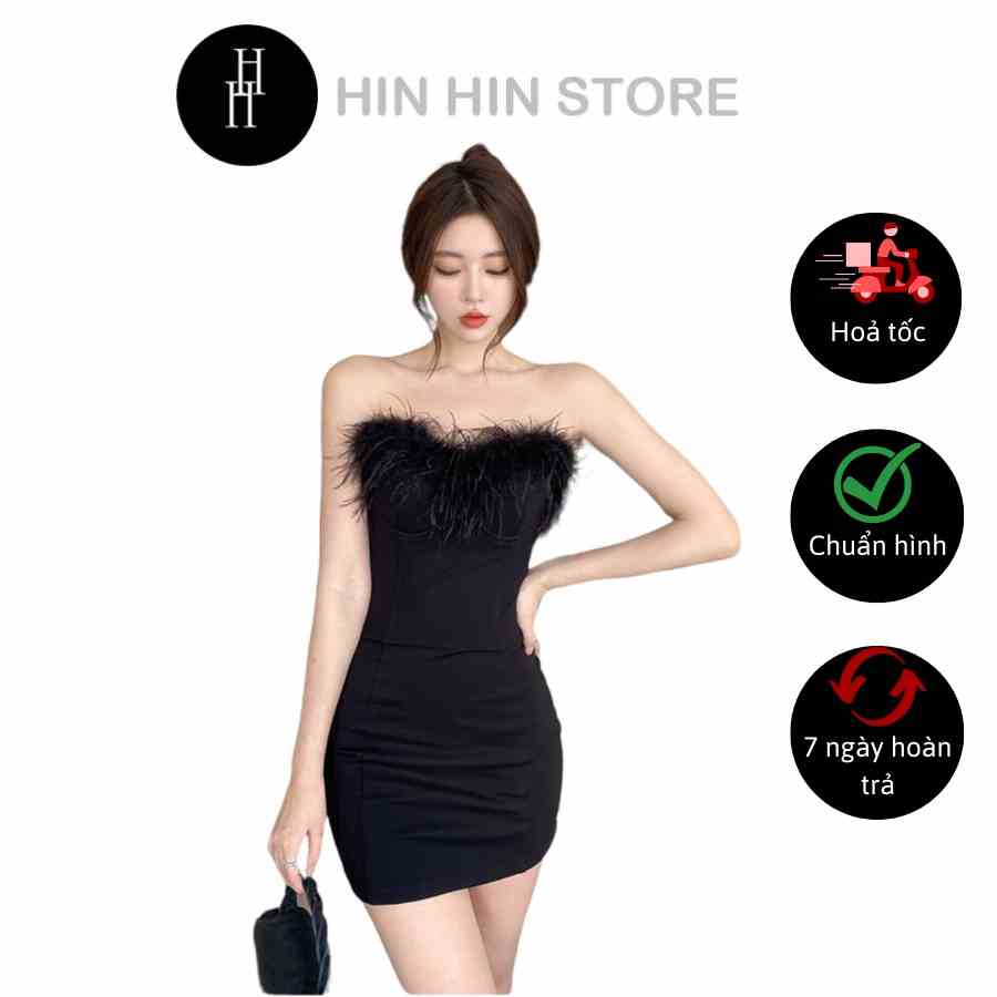 [Mã BMLTB35 giảm đến 35K đơn 99K] Đầm ống ôm body ngắn viền lông vũ màu đen HDT254 Hỉn Hỉn Store