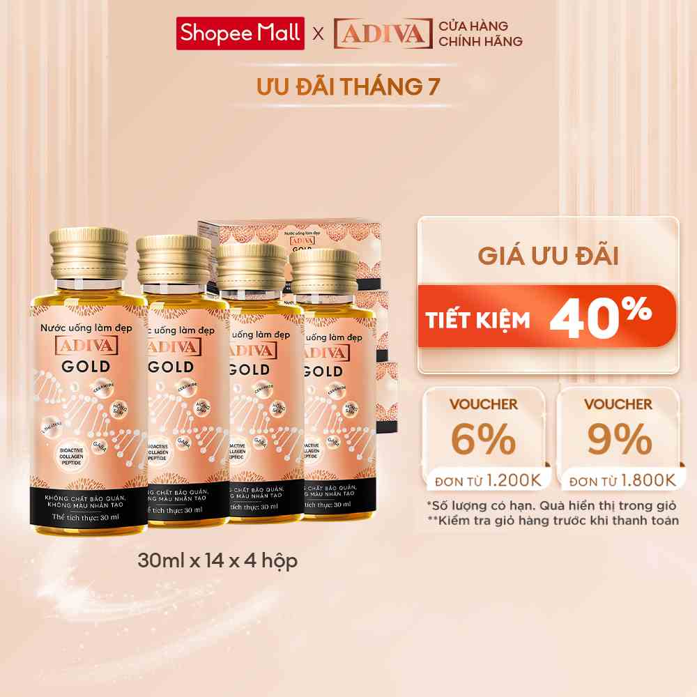 Combo 4 Hộp Nước Uống Làm Đẹp Collagen ADIVA Gold (14 Chai/Hộp)