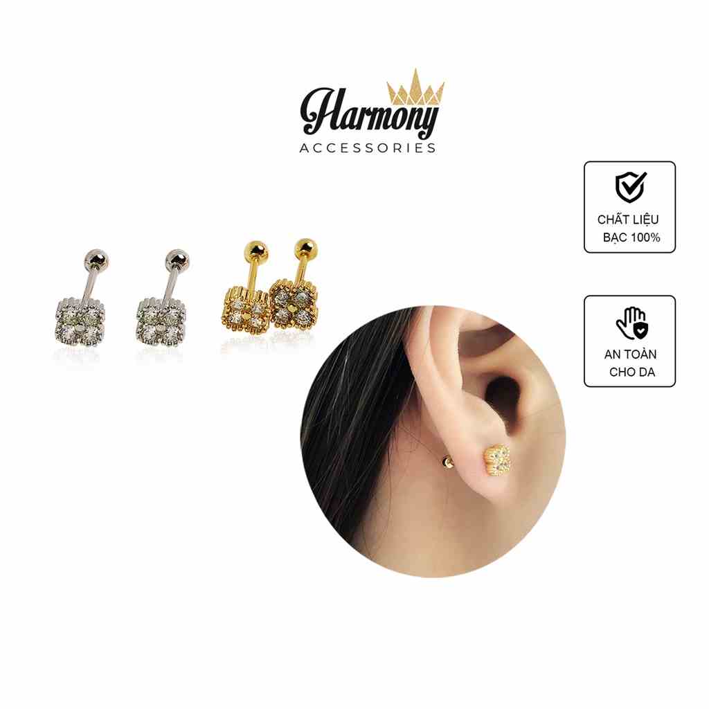 Khuyên tai bạc bông nữ hoa đá 4 cánh chốt tròn bi vặn cá tính, xinh xắn | HARMONY ACCESSORIES K139