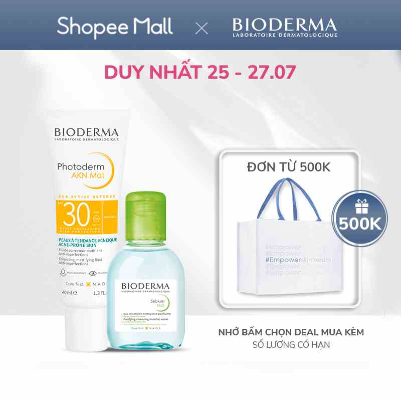 Bộ đôi kem chống nắng dành cho da dầu và da mụn Bioderma Photoderm AKN Mat SPF30 40ml và tẩy trang Sebium H2O 100ml