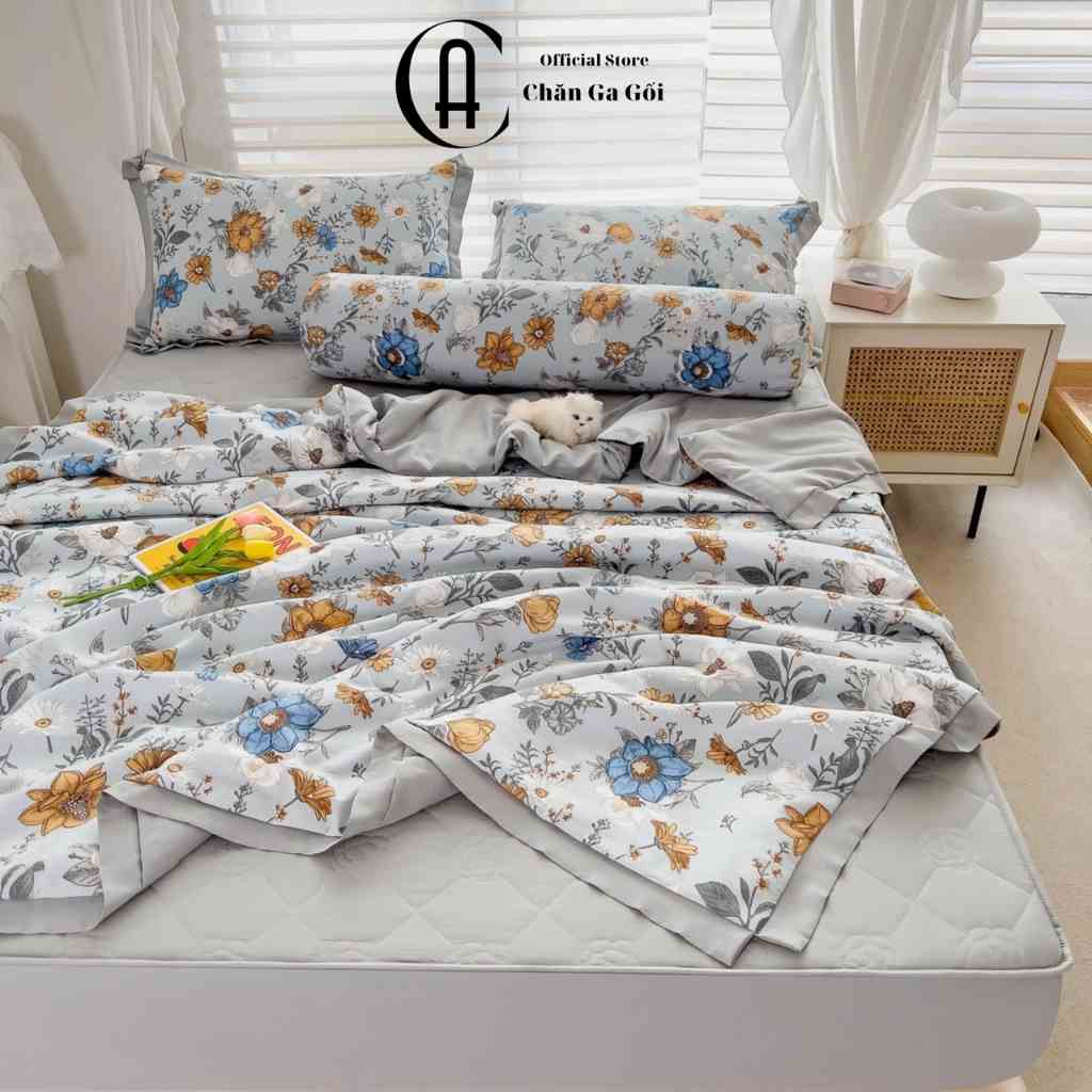 Bộ Chăn Ga Gối Cotton Đũi Hoa Thực Dược , Chất Liệu Bền Đẹp Kích Cỡ Đa Dạng CA Bedding Decor