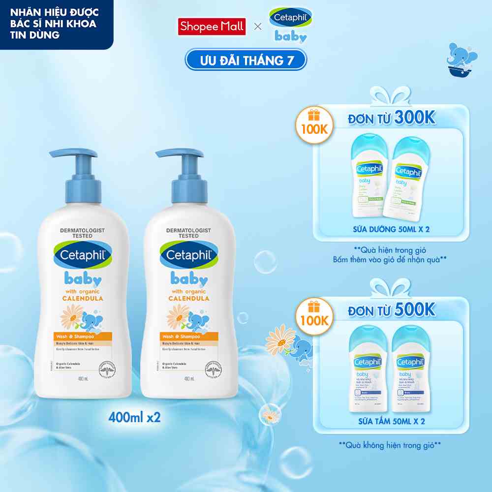 Combo 2 Sữa tắm gội dịu lành cho bé Cetaphil Baby Wash & Shampoo with Organic Calendula 400ml/chai