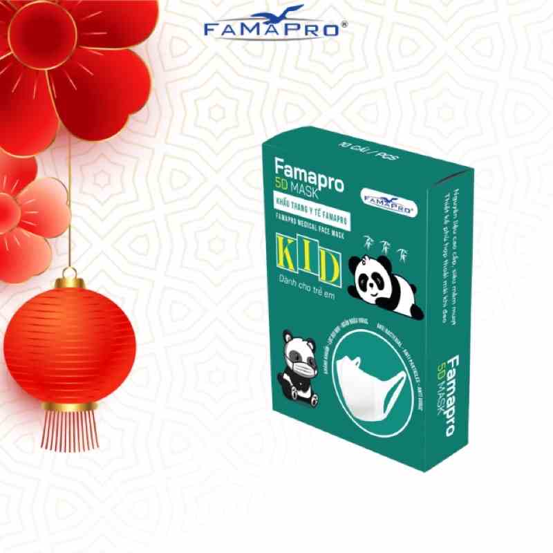 Hộp 10 cái Khẩu trang 3 lớp 5D BABY QUAI VẢI FAMAPRO  cho trẻ  4-10 tuổi