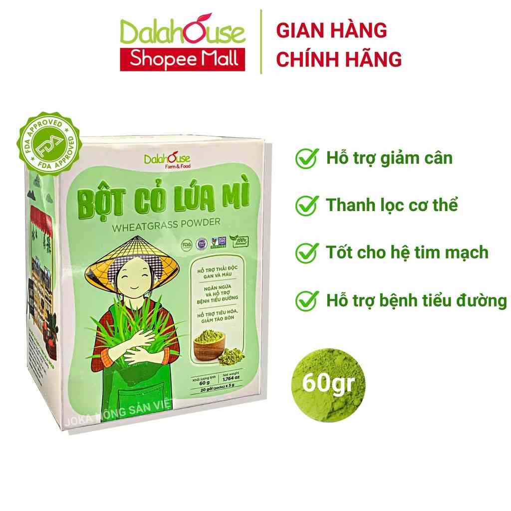 Bột cỏ lúa mì hữu cơ Dalahouse nguyên chất sấy lạnh 60gr tốt cho tim mạch, đạt chuẩn Châu Âu