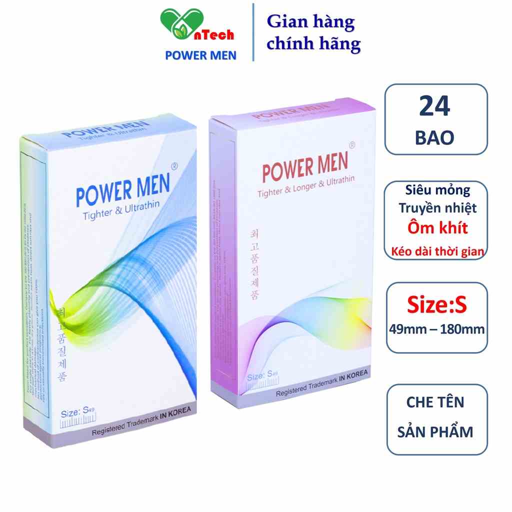 24 Bao cao su POWER MEN TIGHTER & ULTRATHIN & LONGER siêu mỏng siêu truyền nhiệt ôm sát 3D kéo dài thời gian size 49mm