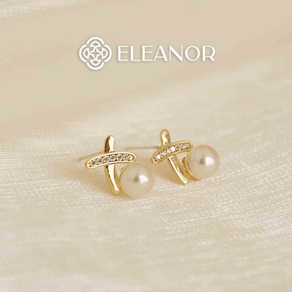 Bông tai nữ chuôi bạc 925 Eleanor Accessories hình chữ X đính ngọc trai nhân tạo phụ kiện trang sức 3278