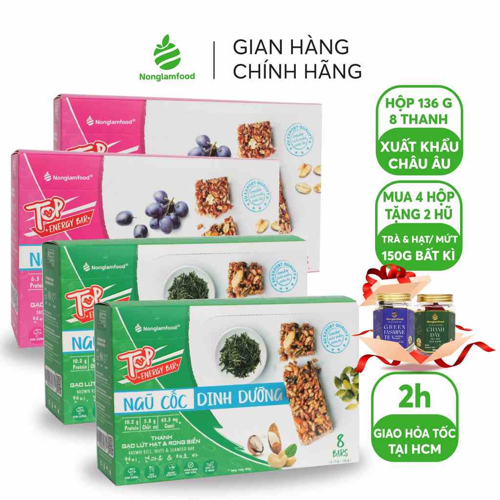 [Kèm quà tặng] Combo thanh gạo lứt ngũ cốc (Chà bông/Rong biển/Trái cây) Nonglamfood 136g | Hỗ trợ ăn kiêng giảm cân