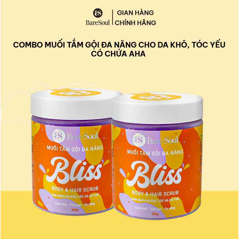 Combo 2 Muối tắm gội tẩy tế bào chết cơ thể, da đầu, tóc chứa AHA BareSoul BLISS Body & Hair Scrub 330gx2