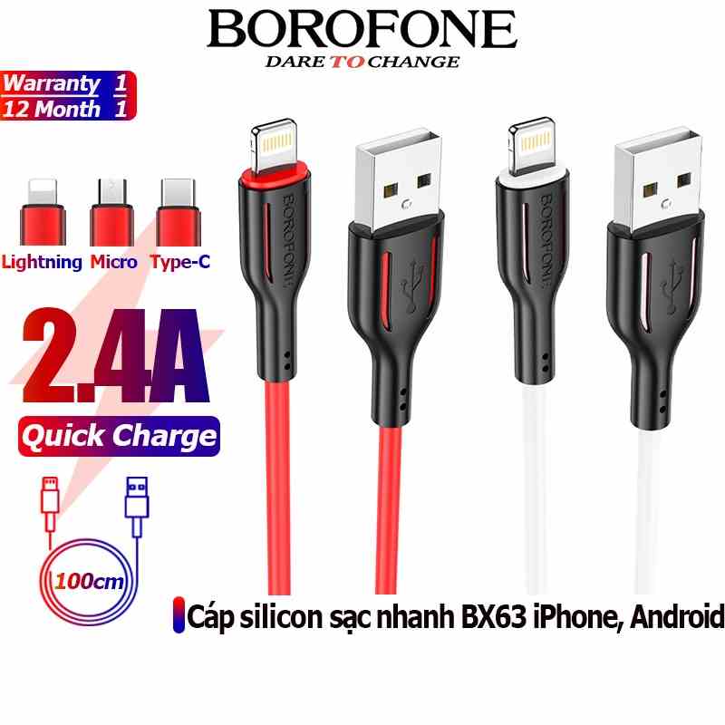 Cáp sạc nhanh BOROFONE BX63 dây Silicon 2.4A dây truyền tải dữ liệu dài 1m - Chính hãng