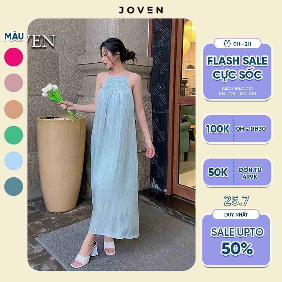 Đầm yếm maxi, váy đi biển Shimmer sang chảnh lụa organza cao cấp JOVEN, thiết kế cổ nhún suông dáng dài