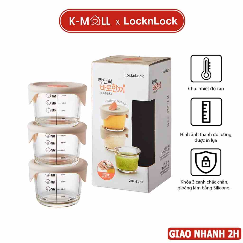 Set 3 hộp thủy tinh LocknLock đựng thức ăn dặm cho bé 230ml x 3 hộp LLG508S3 LLG508 có vạch chia - K-MALL