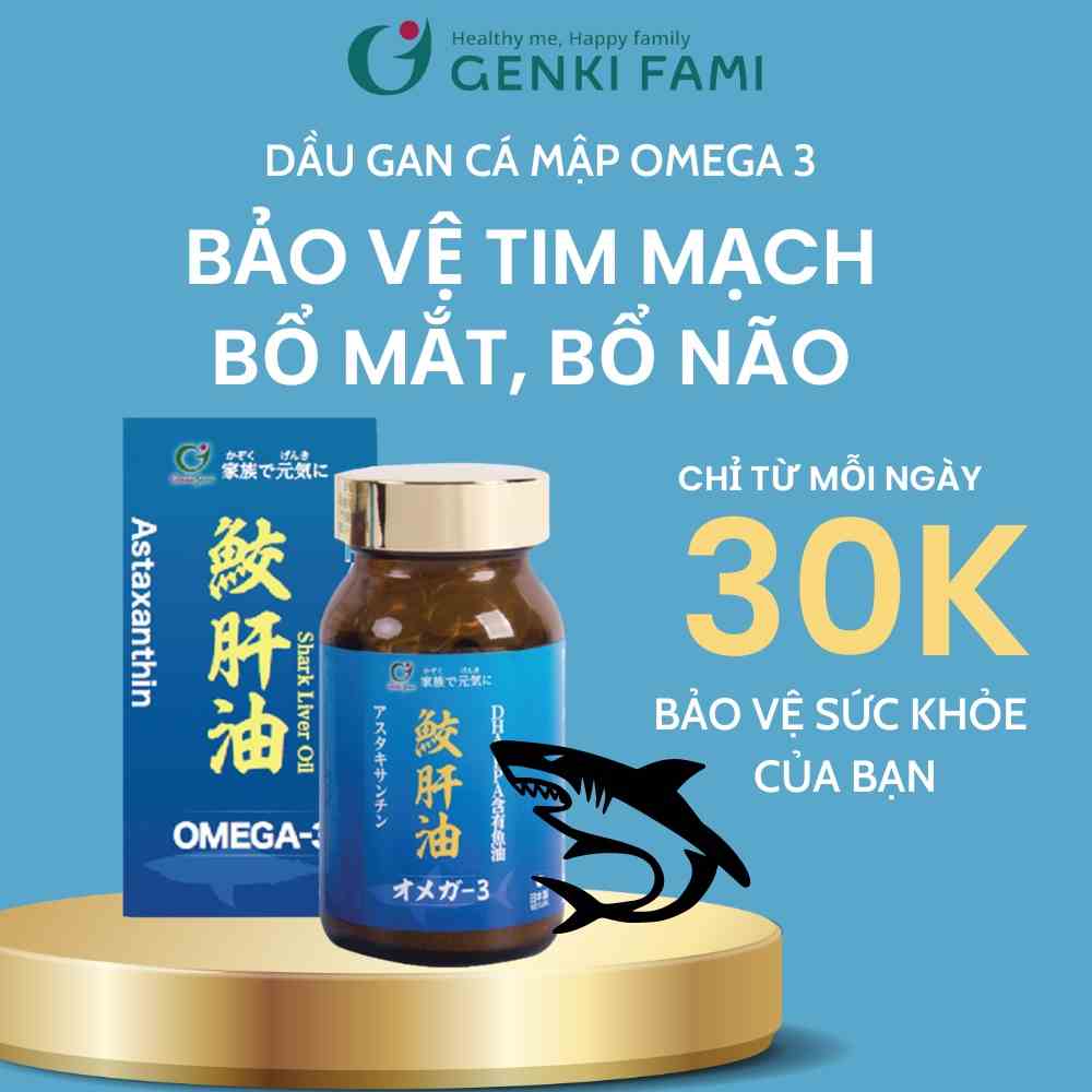 Viên uống dầu gan cá mập Omega 3 và Astaxanthin Genki Fami Nhật Bản bổ mắt bổ não hỗ trợ giảm mỡ máu tốt cho tim mạch