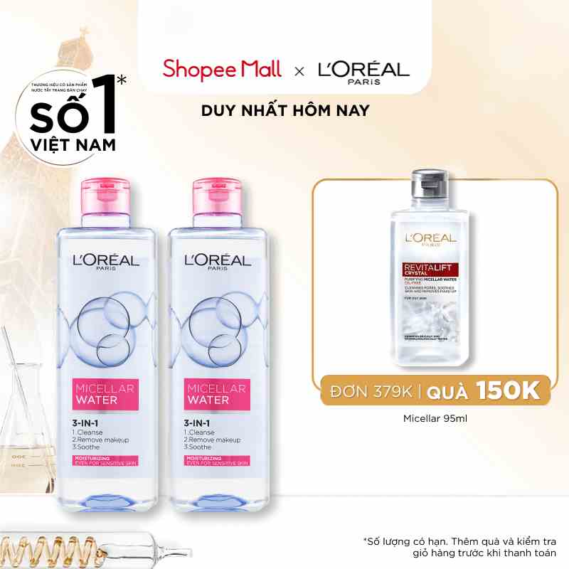 Bộ 2 nước tẩy trang dưỡng ẩm mượt da 3in1 LOreal Paris Micellar Water