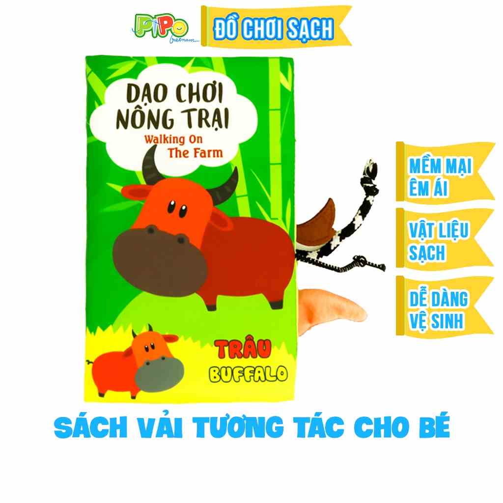 [Mã BMLTA35 giảm đến 35K đơn 99K] Sách vải cho bé PiPoVietnam - tương tác đoán đuôi song ngữ- chủ đề Dạo chơi nông trại