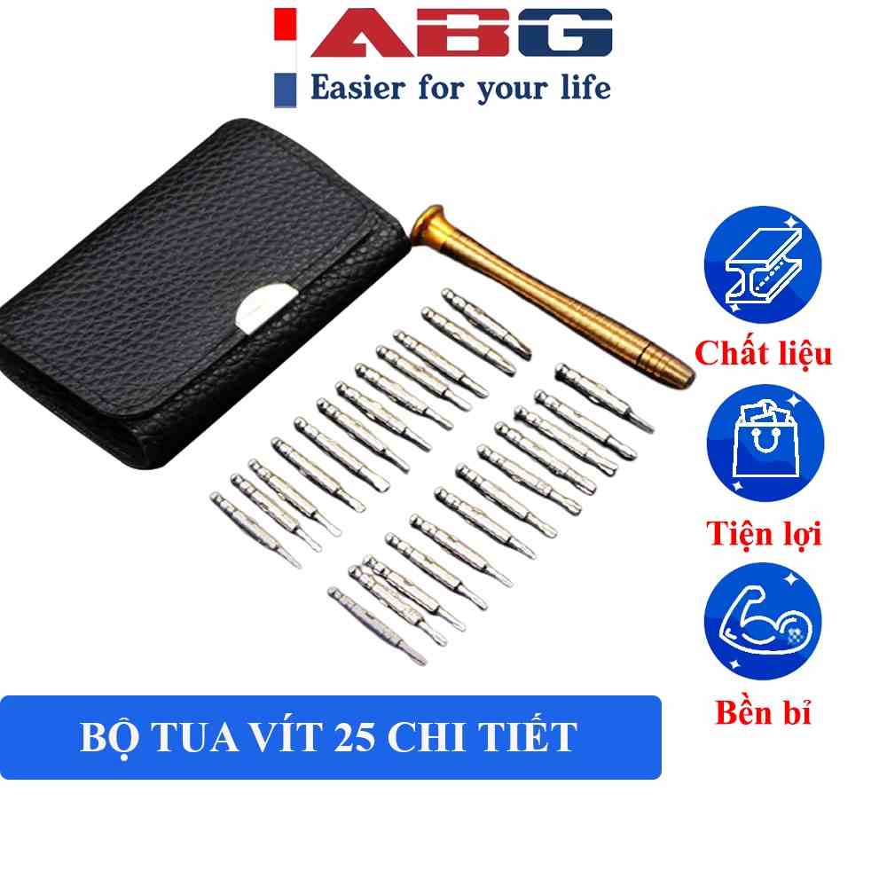 Bộ Tua Vít Đa Năng ABG 25 Đầu Trong 1 Bao Da Cao Cấp Tiện Lợi Trong Sửa Chữa Tháo Lắp Điện Thoại, Laptop, Máy Tính