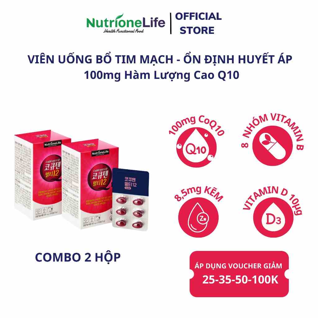 COMBO 2 Hộp NUTRIONELIFE CoQ10 Multi 12 Bảo Vệ Tim Mạch, Ổn Định Huyết Áp 500mg/ Viên