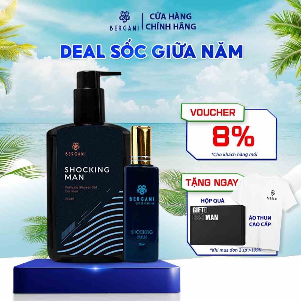 Quà Tặng Nam, Sữa Tắm Nước Hoa Nam Bergami Shocking Man 330ml& Nước Hoa Nam 35ml,Mùi Hương Nam Tính Mạnh Mẽ,Lưu Hương 6H