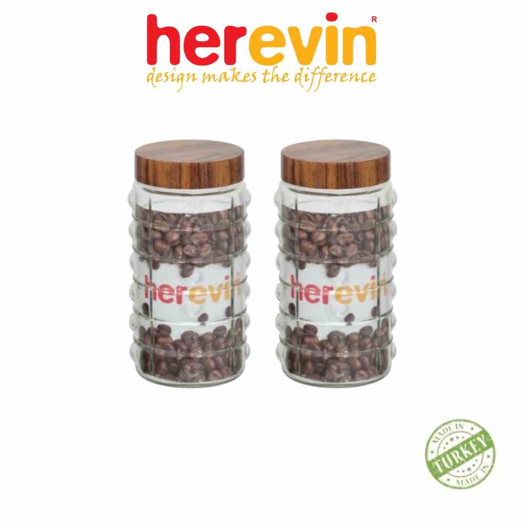 [Mã BMLTA35 giảm đến 35K đơn 99K] Bộ 2 Hũ Thuỷ Tinh Herevin Tròn Sọc Nắp woody 2L - HEHU231930-205