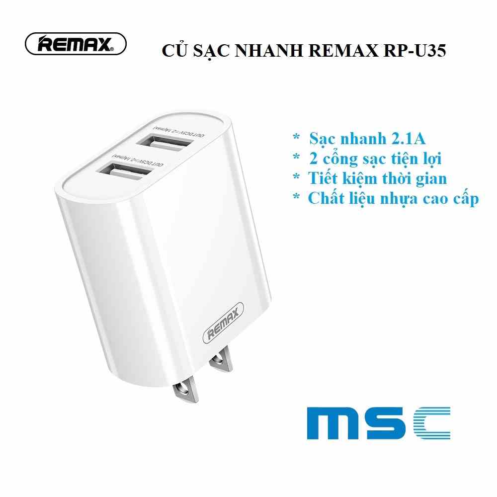 [Mã BMLTB35 giảm đến 35K đơn 99K] Củ sạc nhanh Remax RP-U35. Hai cổng sạc USB 2.1A