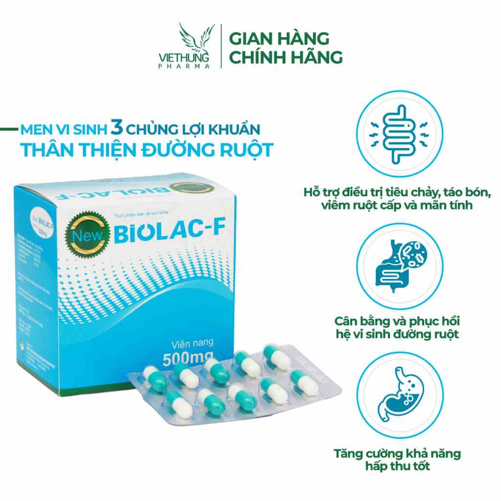 Men Vi Sinh BiolacF VietHung Pharma, Bổ Sung Lợi Khuẩn, Giảm Tiêu Chảy, Táo Bón, Khó Tiêu, Kém Hấp Thu, Hộp 100 viên