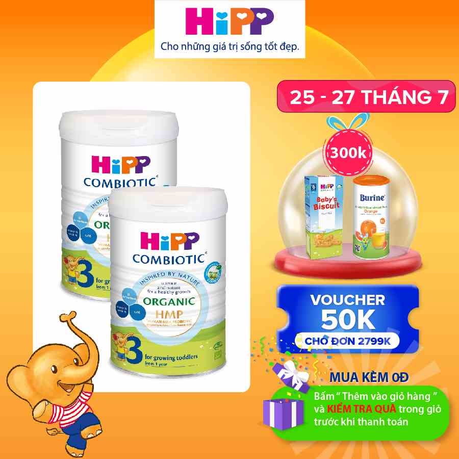 Combo 2 lon Sữa bột công thức HiPP 3 Organic Combiotic 800g hỗ trợ tiêu hóa và tăng chiều cao (2 lon x 800g)