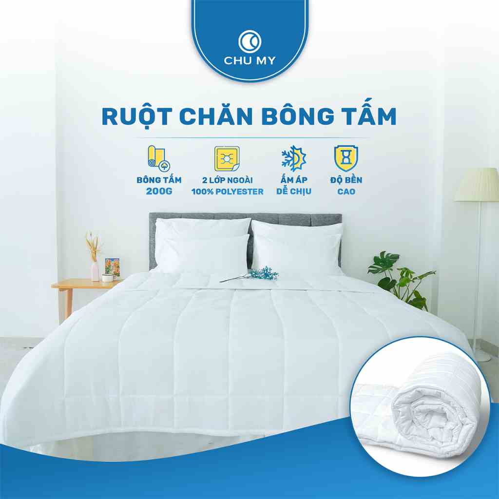 Ruột chăn bông tấm CHUMY chần 3 lớp, kích thước 2mx2m2, 4 góc có dây móc cố định chắc chắn