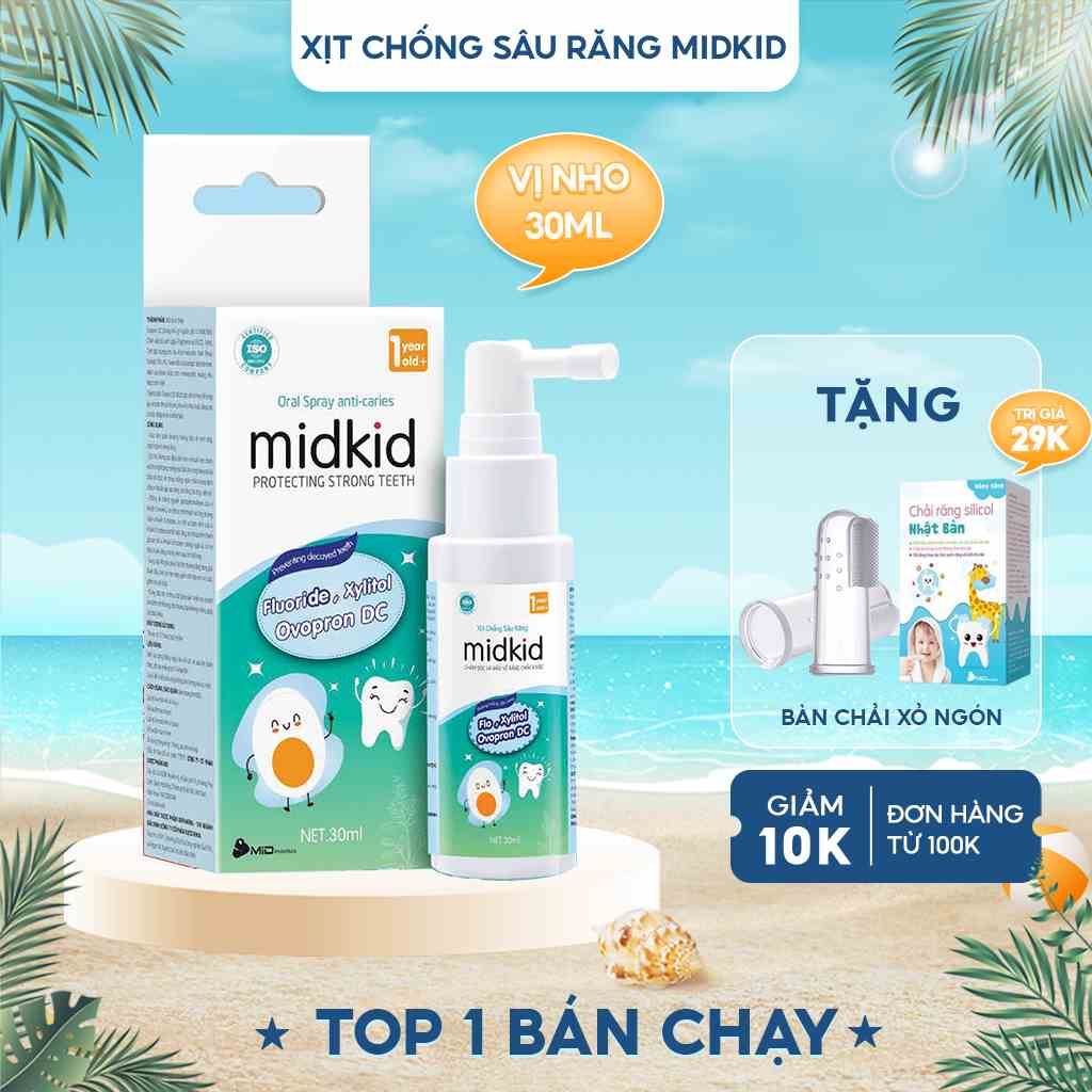 Xịt chống sâu răng Midkid chính hãng vị nho 30ml nuốt được cho bé từ 1 tuổi giúp bảo vệ và làm sạch răng, ngừa mảng bám