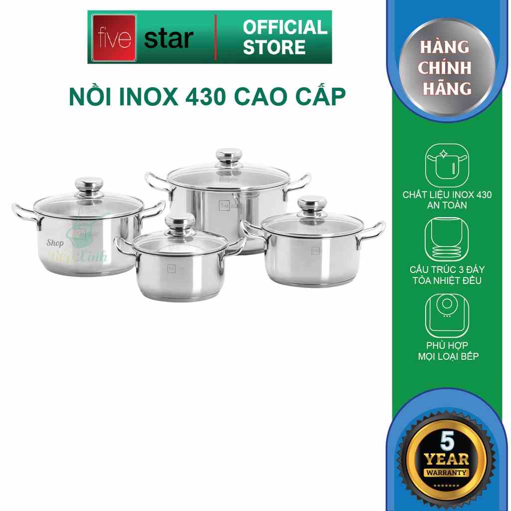 Bộ nồi 3 đáy inox 430 cao cấp FiveStar Standard 4 món nắp kính dùng được mọi bếp