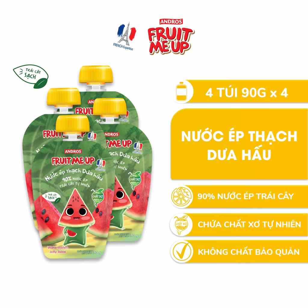 Combo 4 túi Nước Ép Thạch Dưa Hấu - 90% Nước Ép Trái Cây Thật - ANDROS FRUIT ME UP- 90gx4