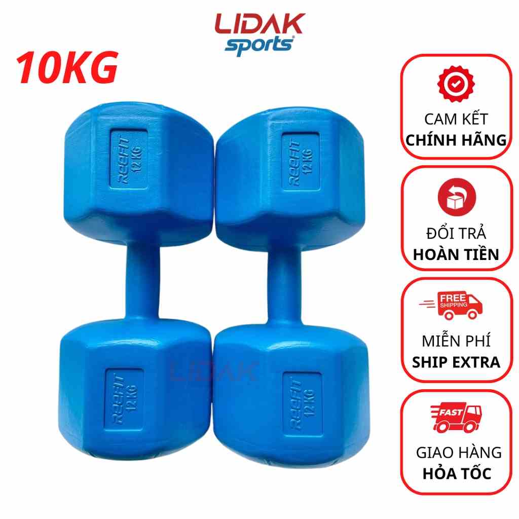 Tạ tay 10kg LIDAK ruột tạ có lõi thép chống gãy siêu bền , tạ tập gym tại nhà 10kg bọc nhựa đúc sẵn ruột - LIDAK SPORT