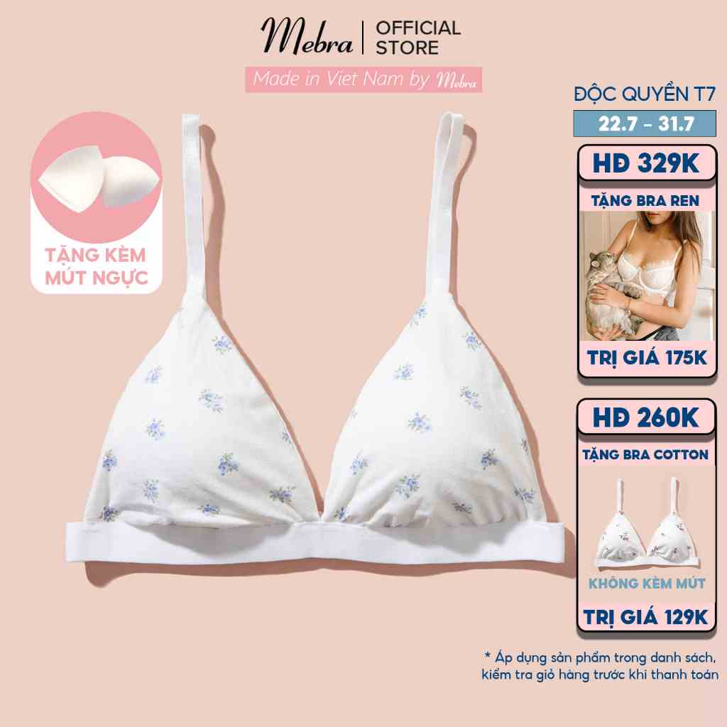 Áo ngực bra nữ cotton kháng khuẩn không gọng không đệm tặng kèm mút mỏng trắng hoa xanh rời mát mẻ thoáng khí Mebra A001