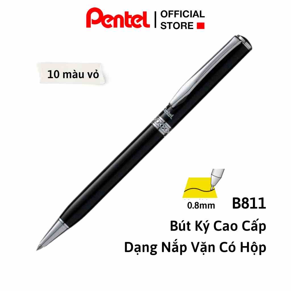 Bút Ký Cao Cấp Pentel B811 Ngòi Bi 0.8mm Mực Xanh | Thiết Kế Nắp Vặn Thanh Lịch | Nhiều Màu Vỏ | Nét Viết Trơn Mượt