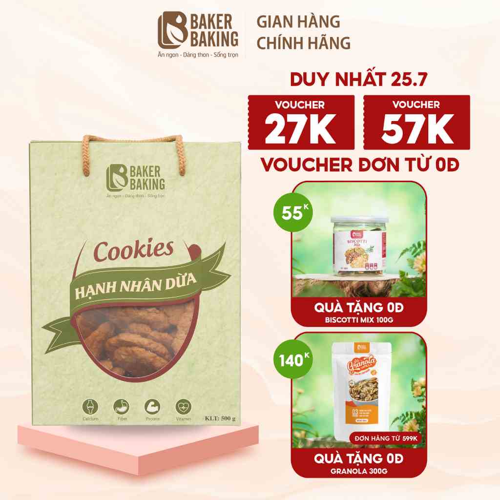 Bánh quy hạnh nhân vị dừa không đường Baker Baking hỗ trợ ăn kiêng, tốt cho người tiểu đường  100-500g