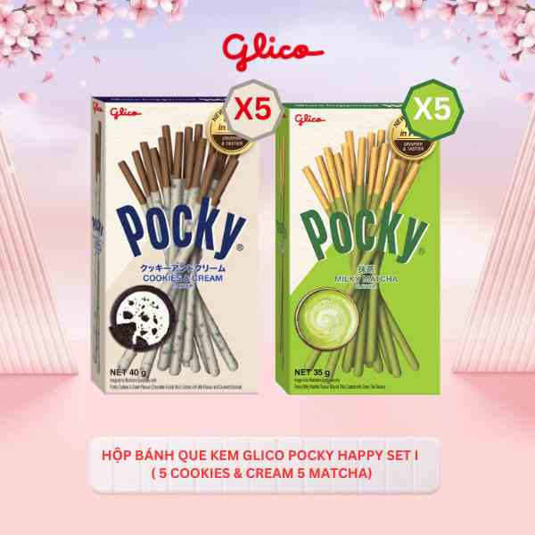 [Mã BMLTB35 giảm đến 35K đơn 99K] Bánh snack que phủ kem Glico Pocky Happy Set I combo 10 hộp (5 cookies cream 5 matcha)