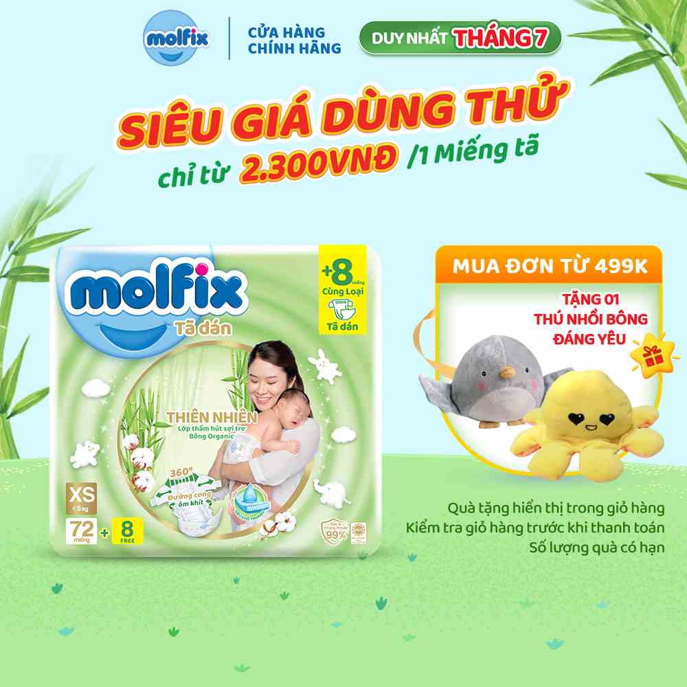 Tã dán sơ sinh Molfix Thiên nhiên Jumbo Newborn (dưới 5kg) Gói 72+8 miếng