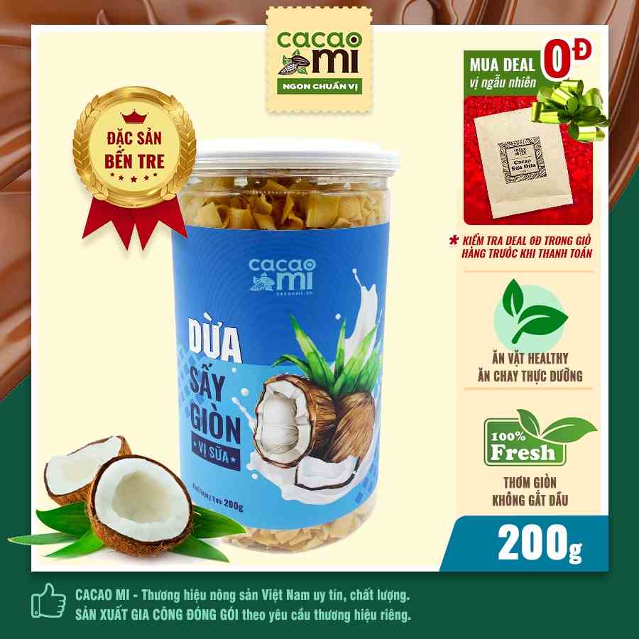 [Mã BMLTA35 giảm đến 35K đơn 99K] Dừa sấy giòn cao cấp vị sữa CACAO MI ăn vặt healthy Eat Clean, đặc sản Việt Nam 200g