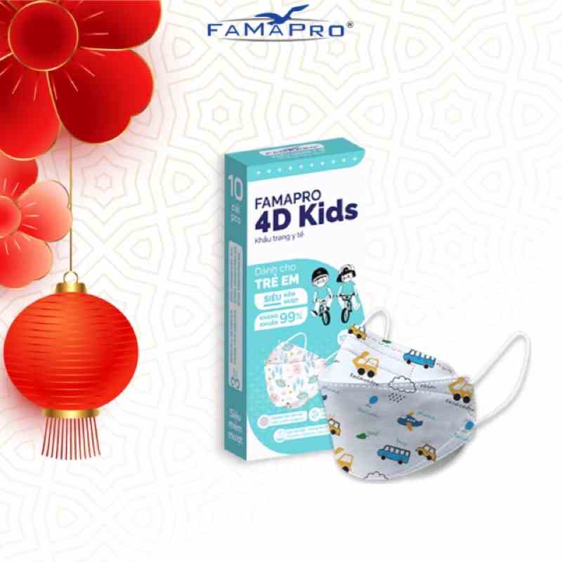 [4D KIDS] Khẩu trang 4D KIDS (KF94) Famapro 3 lớp kháng khuẩn cao cấp cho bé 3-6 tuổi (10 cái/ hộp)