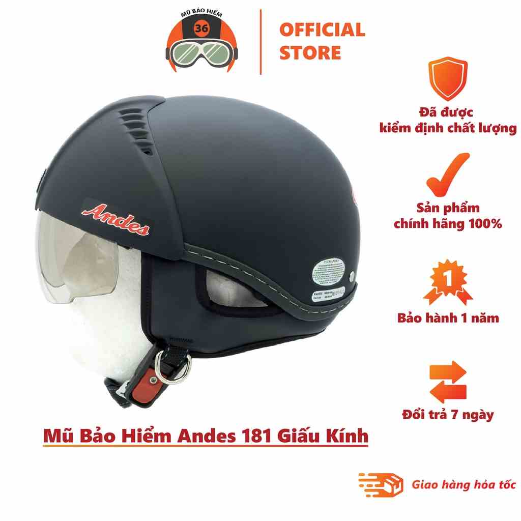 Mũ Bảo Hiểm Andes 181 Giấu Kính Tháo Lót nhiều màu