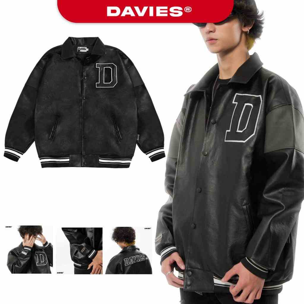 Áo khoác bóng chày da thêu logo Davies màu đen BMG Leather Varsity Jacket |D22-AK4