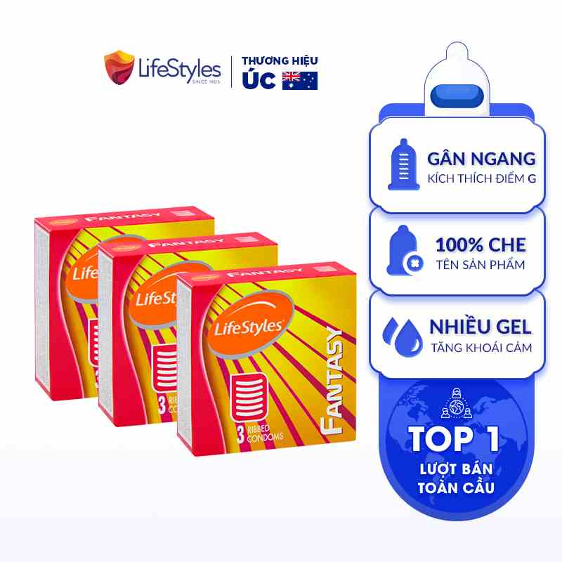 Combo 3 Bao Cao Su Gân Ngang Nổi Dập Tăng Cực Khoái Lifestyles Fantasy Thiết Kế Ôm Sát 100% Không Rách Bao - Hộp 3 bao