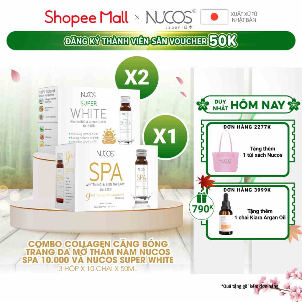 Combo nước uống collagen căng bóng trắng da mờ thâm nám Nucos Spa 10.000 và Nucos Super White 3 hộp x 10 chai